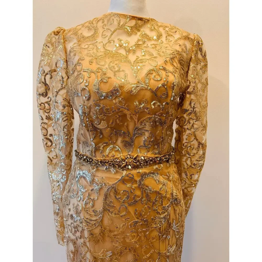 NWT Mac Duggal Gold Overlay Long Sleeve High Neck Floor Length Gown US‎ 4 - Picture 3 of 14